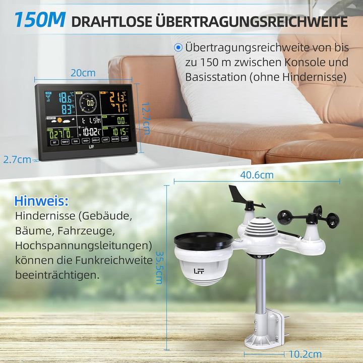 LFF WLAN Wetterstation mit 7in1 Funk Aussensensor, Funkwetterstation mit 7,5-Zoll Digital, Regenmess