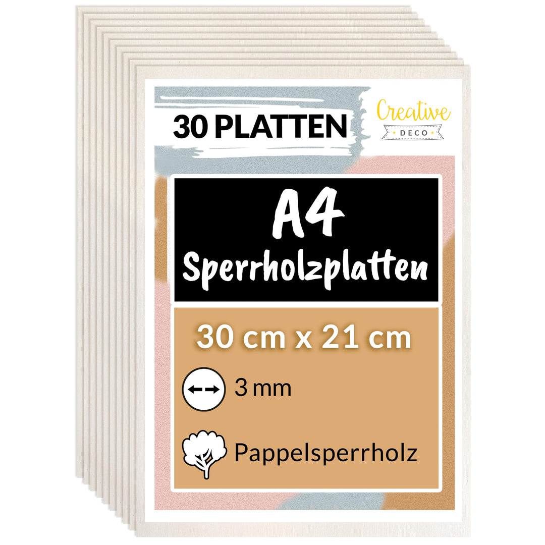 Creative Deco 30 x A4 Sperrholzplatte 3mm Pappelsperrholz | 300 x 210 (+/- 0,5) mm | Dünne Holz-Zusc