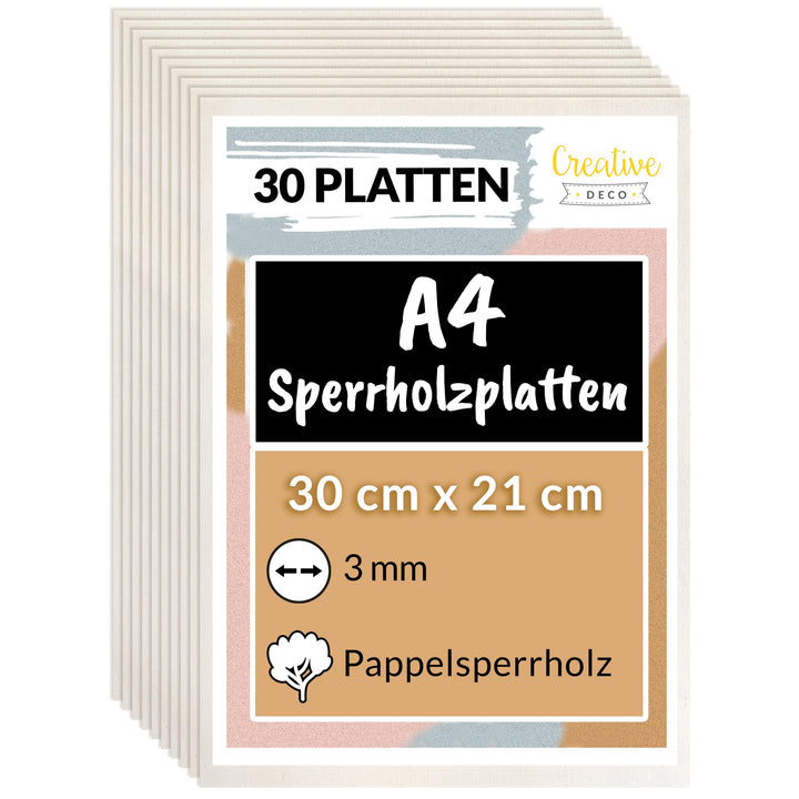 Creative Deco 30 x A4 Sperrholzplatte 3mm Pappelsperrholz | 300 x 210 (+/- 0,5) mm | Dünne Holz-Zusc