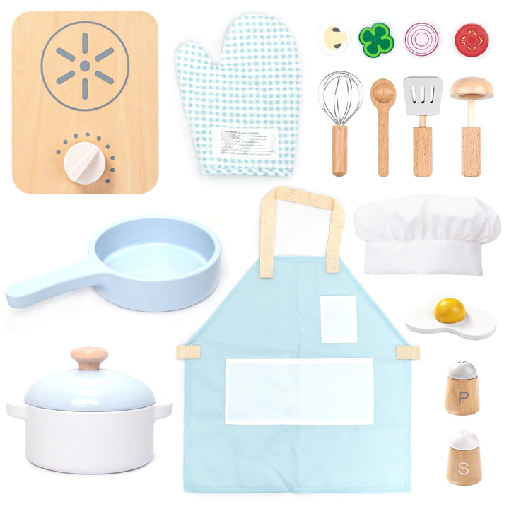 UMU® Kinder Kochset aus Holz mit Geschirr (Töpfe und Pfannen), Schürze, Lebensmittel und mehr, Kinde