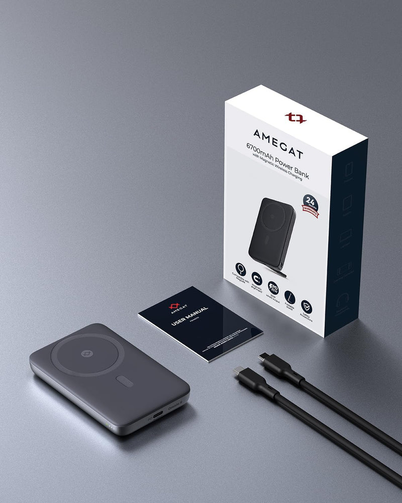 AMEGAT Magnetische Wireless Powerbank 6700mAh, Kabellose Power Bank mit Ständer, Magnetische Externe