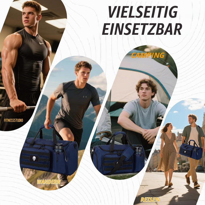 Taktische Sporttasche für Herren, 40L grosse Reisetasche mit Schuhfach, Sporttasche mit Nassfach, Mu