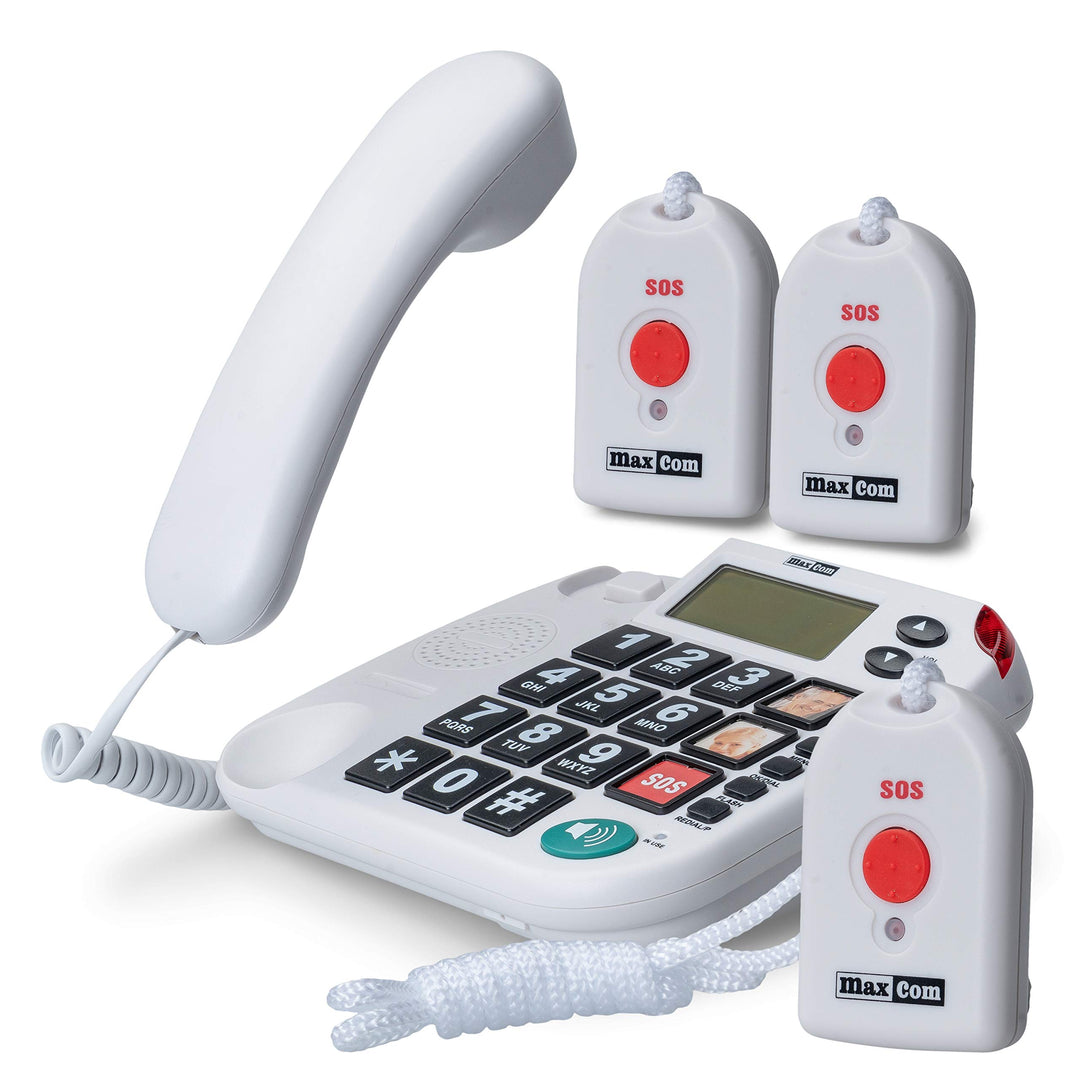 Maxcom KXTSOS: Seniorentelefon mit Funk-Notruf-Sender, schnurgebundenes Festnetztelefon mit 3 Umhäng