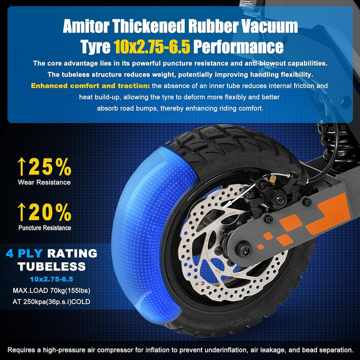 10x2.75-6.5 Tubeless Reifen, Off-road Vakuumreifen mit Ventil,10 Zoll E Scooter Ersatzreifen mit Ver