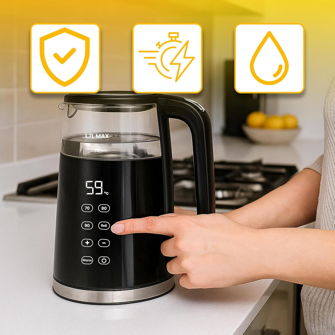 Retoo Glas Wasserkocher 1.7L mit Temperatureinstellung Elektrisch, 2200W, BPA-frei, 70–100°C, Touch-