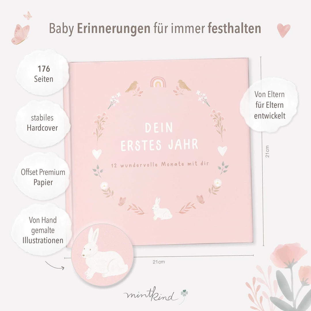 mintkind® Mein erstes Jahr Babyalbum Blumen rosa – zartes Babytagebuch mit 176 Seiten und Sticker-Se