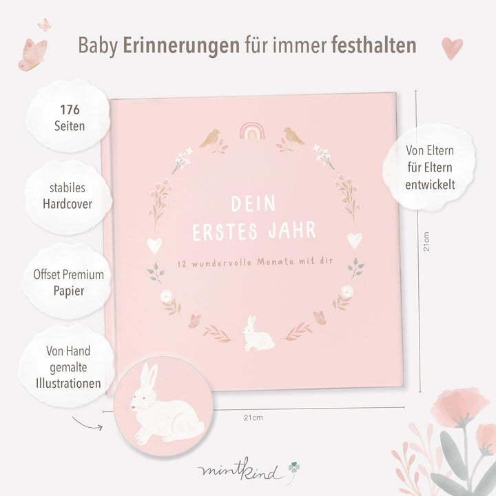 mintkind® Mein erstes Jahr Babyalbum Blumen rosa – zartes Babytagebuch mit 176 Seiten und Sticker-Se
