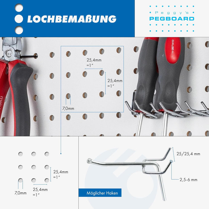 Pegboard 1 St. Werkzeugwand aus Holz (MDF) 120 x 60 x 0,5 cm - Lochung Ø7 mm Lochabstand 25,4 mm - w
