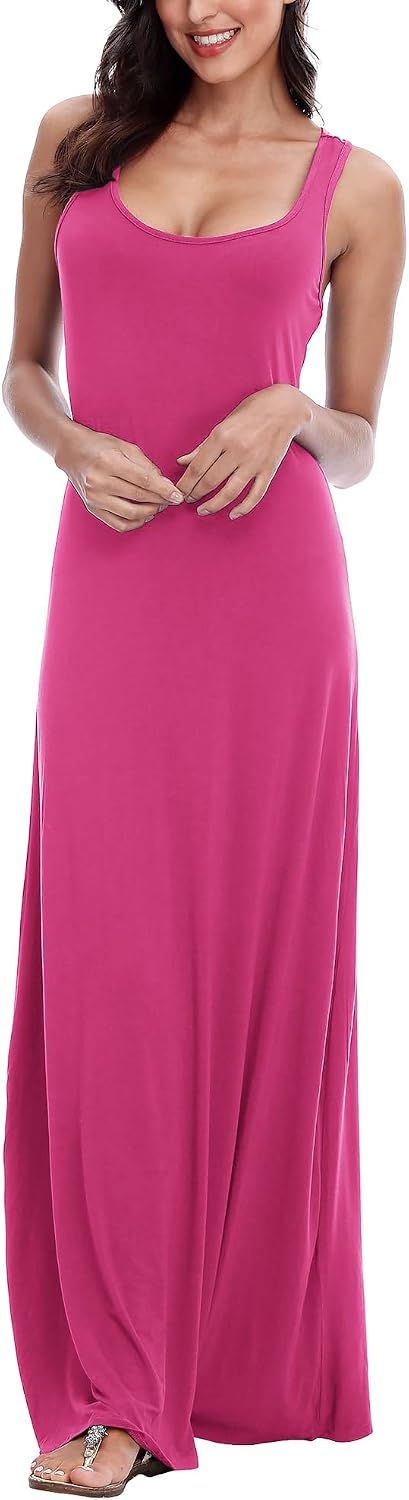 EXCHIC Damen Sommer Leichte Ärmellos Strand Maxi Kleid Elegant Elastisch Tunika Lang Kleider M Rosa,