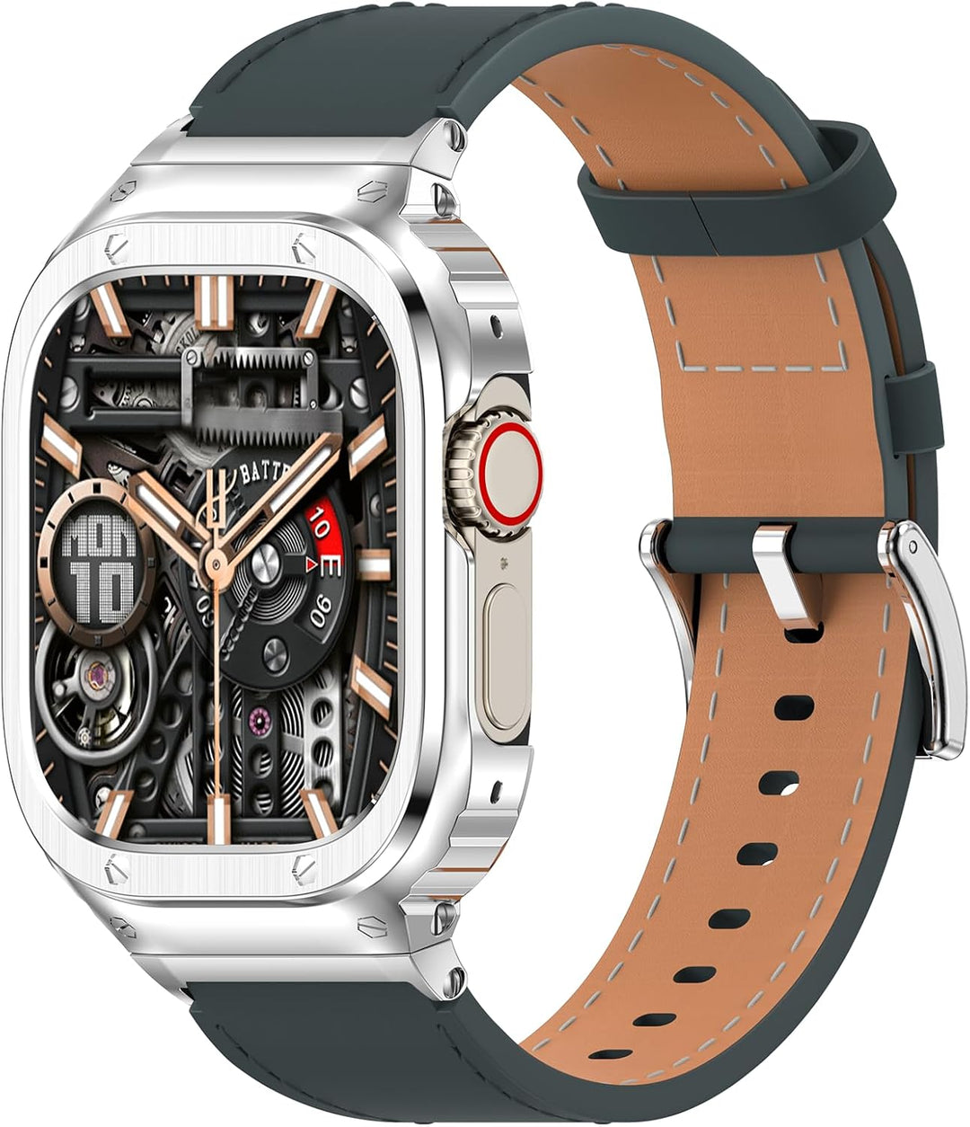 SUPLINK Metallgehäuse mit Lederarmband Kompatibel mit Apple Watch Armbändern 49mm,Robuste Edelstahl
