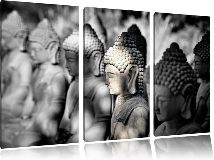 Pixxprint Meditierende Buddha-Statuen in Einer Reihe B&W Detail 3-Teiler Leinwandbild 120x80 Bild au