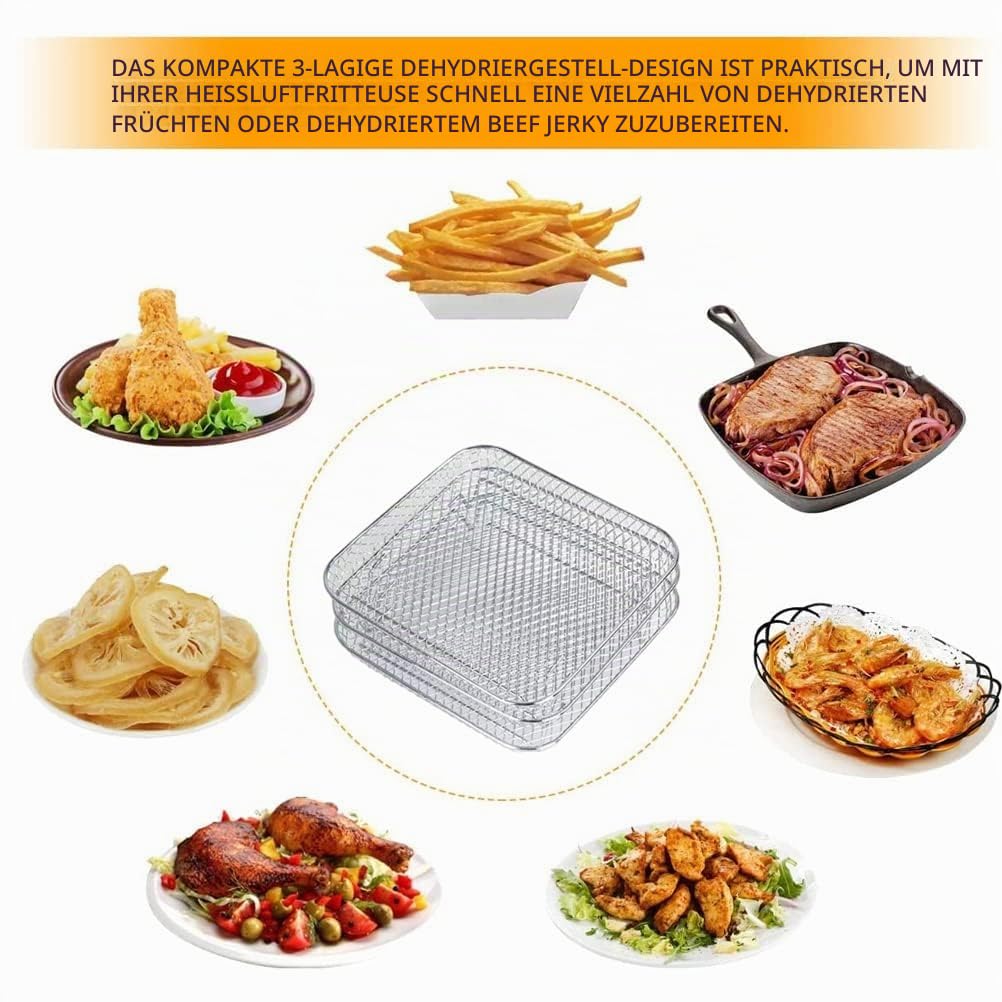 3PCS Air Fryer Rack, Stapelbares Edelstahl Heissluftfritteuse Grillrost Luftfritteuse-Gestell Quadra
