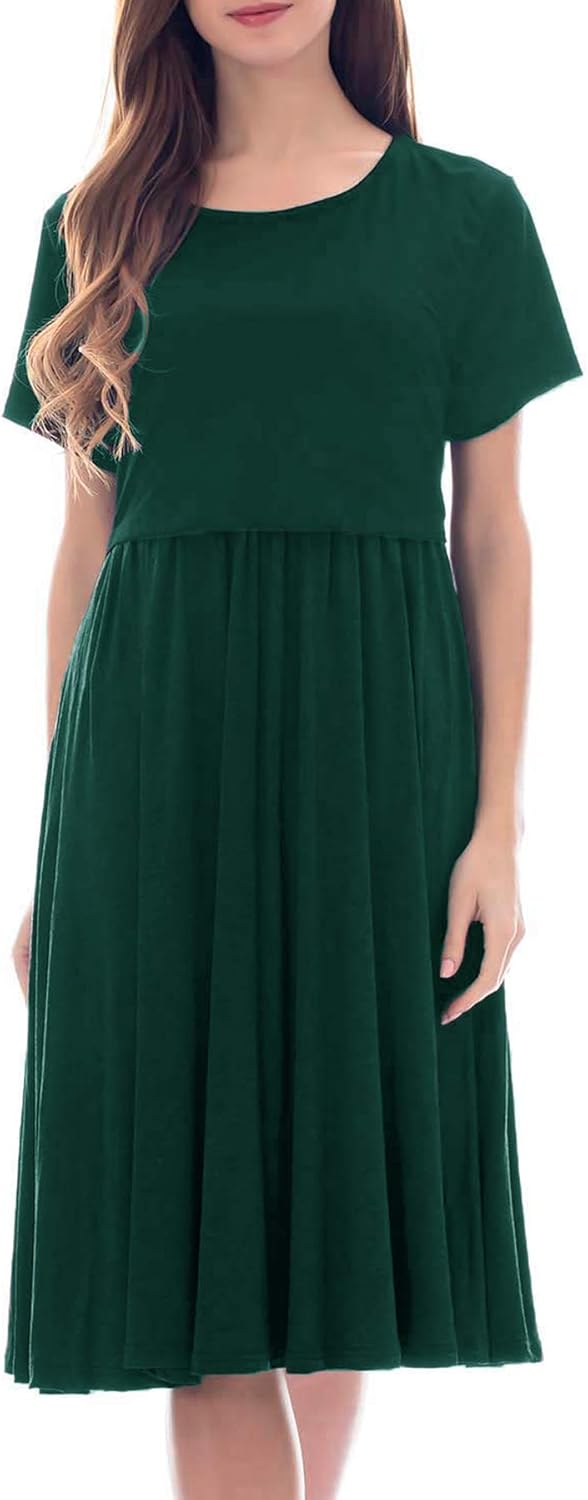 Smallshow Damen Lässiges Kurzarm Stillkleid Umstandskleid für Stillen Dunkelgrün(solide) M, Dunkelgr