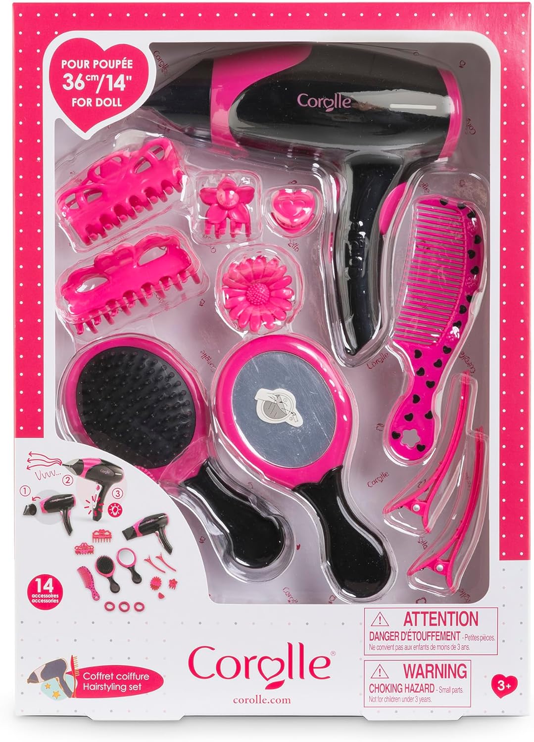 MaCorolle Haarstyling Set, 14 Teile, Stylingzubehör, Fön mit elektrischer Funktion, Bürste, Kamm, Sp