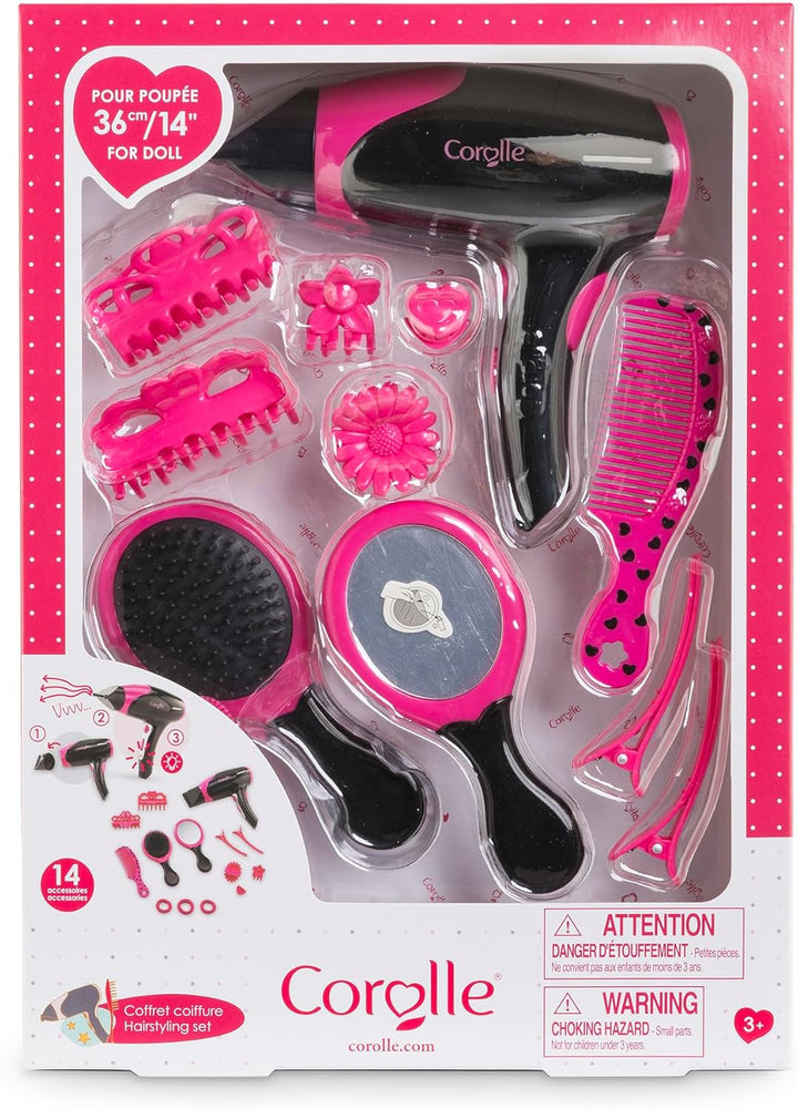 MaCorolle Haarstyling Set, 14 Teile, Stylingzubehör, Fön mit elektrischer Funktion, Bürste, Kamm, Sp