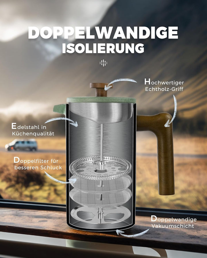 Poliviar French Press aus Edelstahl, Thermo Kaffeebereiter Doppelwandig isoliert, Kaffeebereiter 1 L