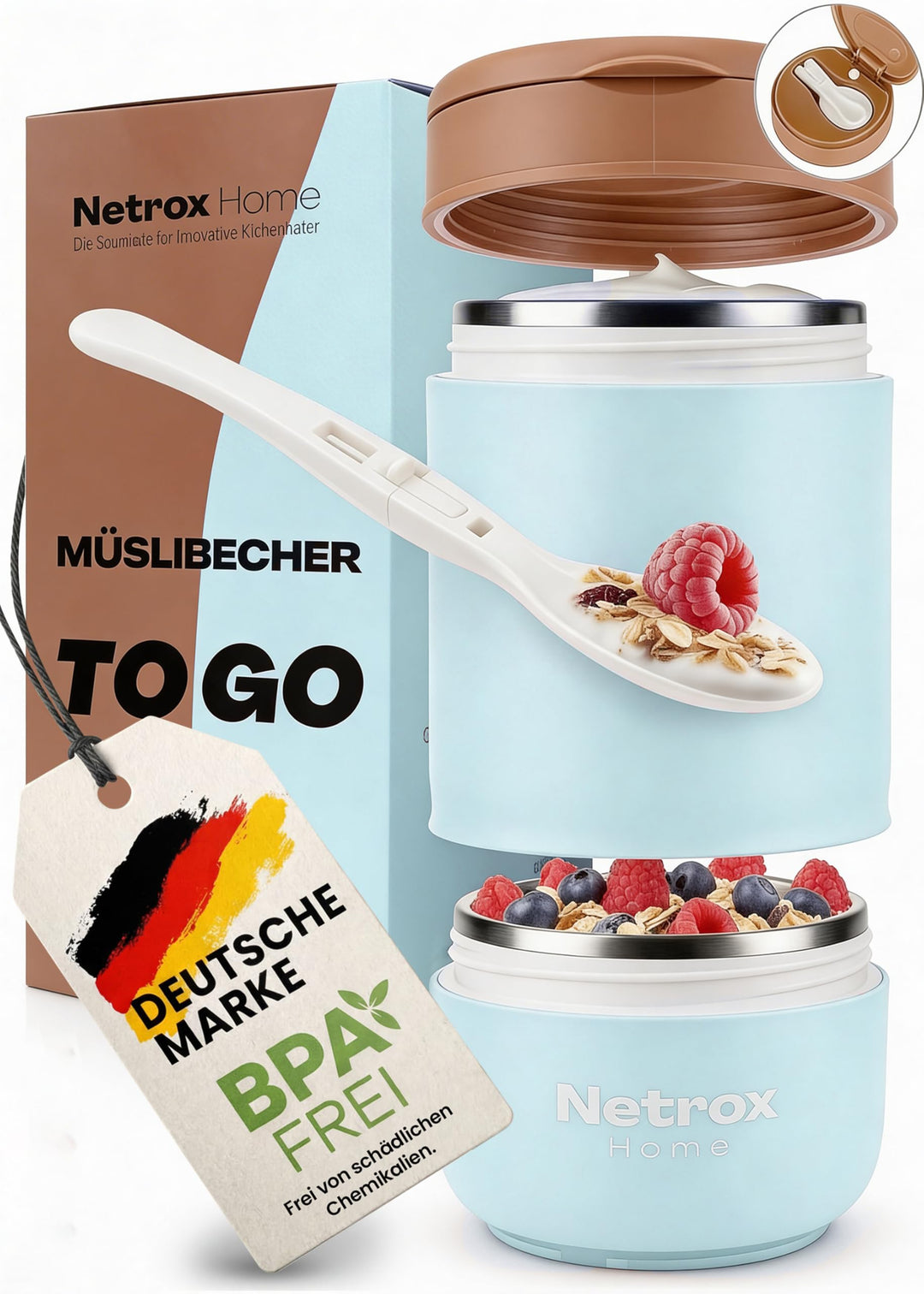 NetroxHome - Müslibecher To Go mit Löffel, Auslaufsicherer Joghurtbecher To Go aus Edelstahl, Lunchb