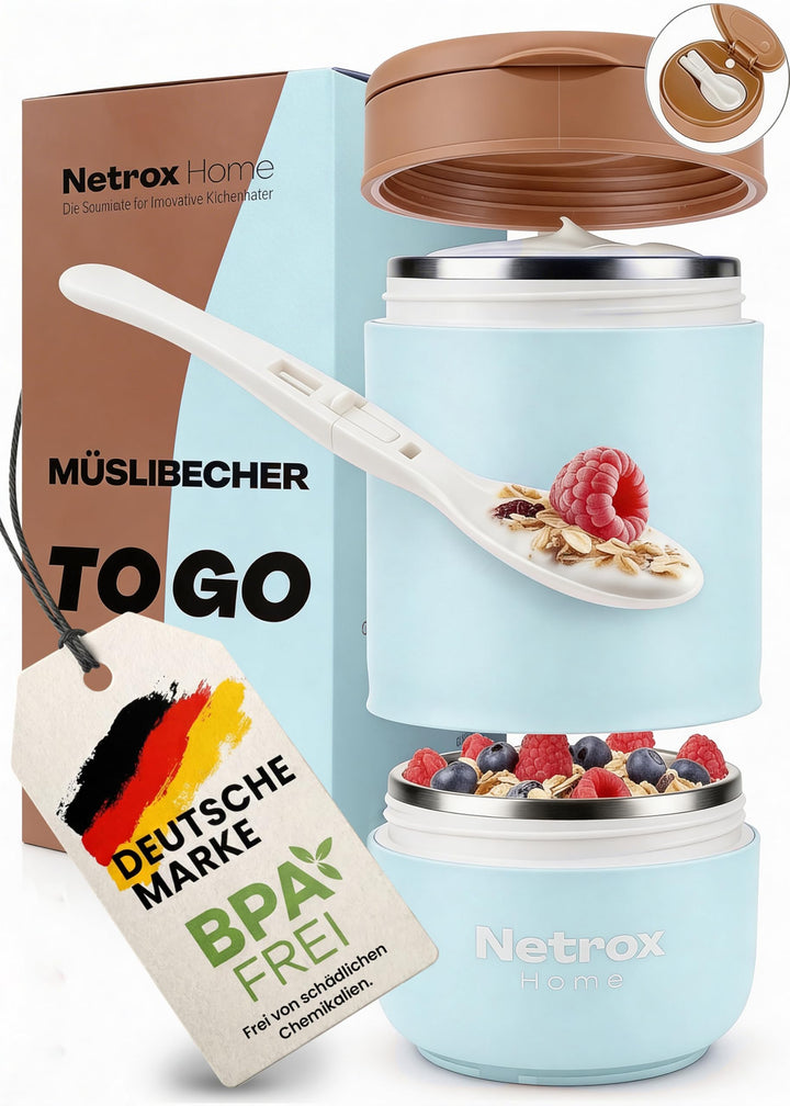 NetroxHome - Müslibecher To Go mit Löffel, Auslaufsicherer Joghurtbecher To Go aus Edelstahl, Lunchb