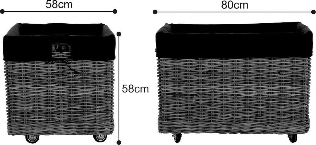 Grosser Rollkorb mit Griffen/Holzkorb mit Rollen aus grauem Natur Rattan/Aufbewahrung Holz-Wagen Räd