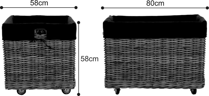Grosser Rollkorb mit Griffen/Holzkorb mit Rollen aus grauem Natur Rattan/Aufbewahrung Holz-Wagen Räd
