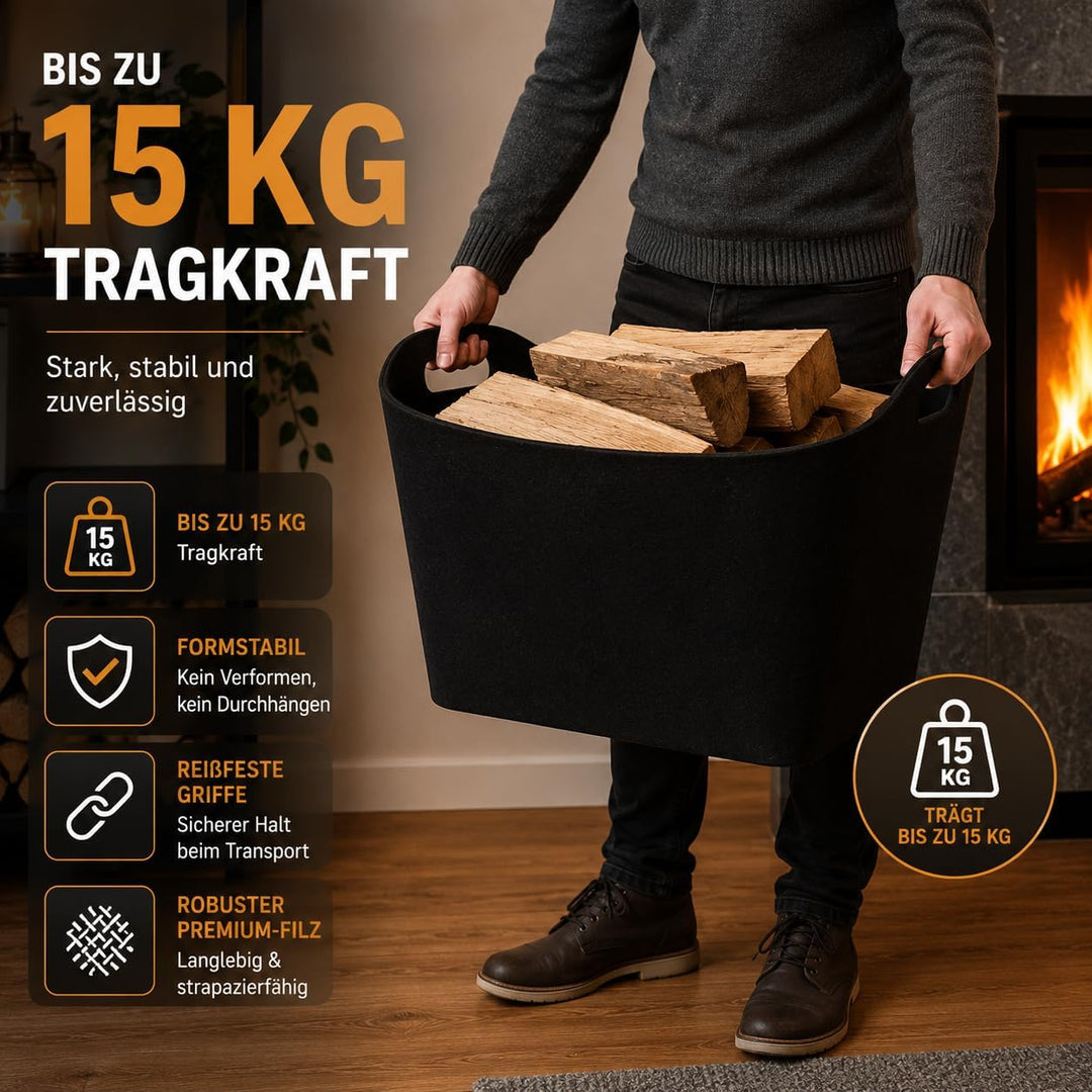 Hochwertiger Filzkorb schwarz - Aufbewahrung für Holz - Premium Qualität Brennholz Korb aus Filz – s