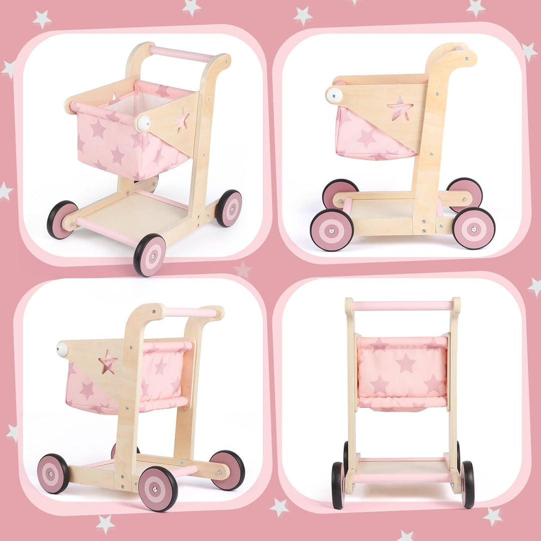 Asweets 2-in-1 Lauflernwagen Holz, Puppenwagen zum Schieben und Ziehen, Baby Walker, Kleinkindspielz