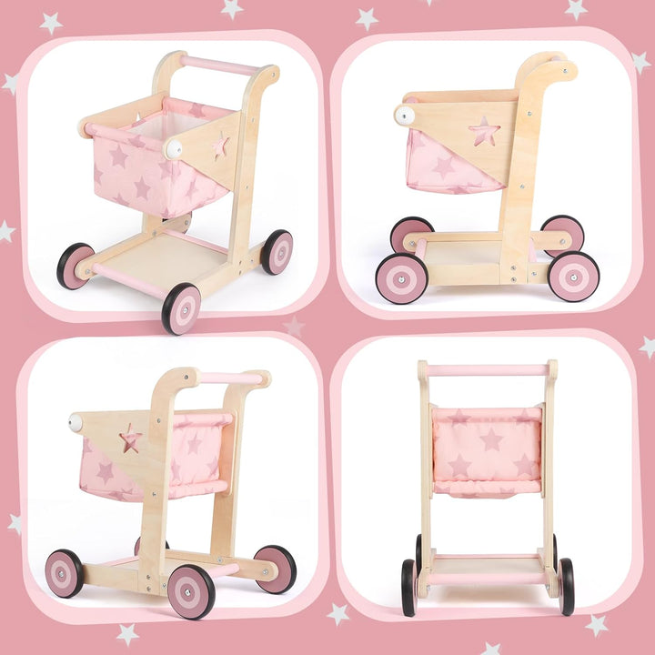 Asweets 2-in-1 Lauflernwagen Holz, Puppenwagen zum Schieben und Ziehen, Baby Walker, Kleinkindspielz