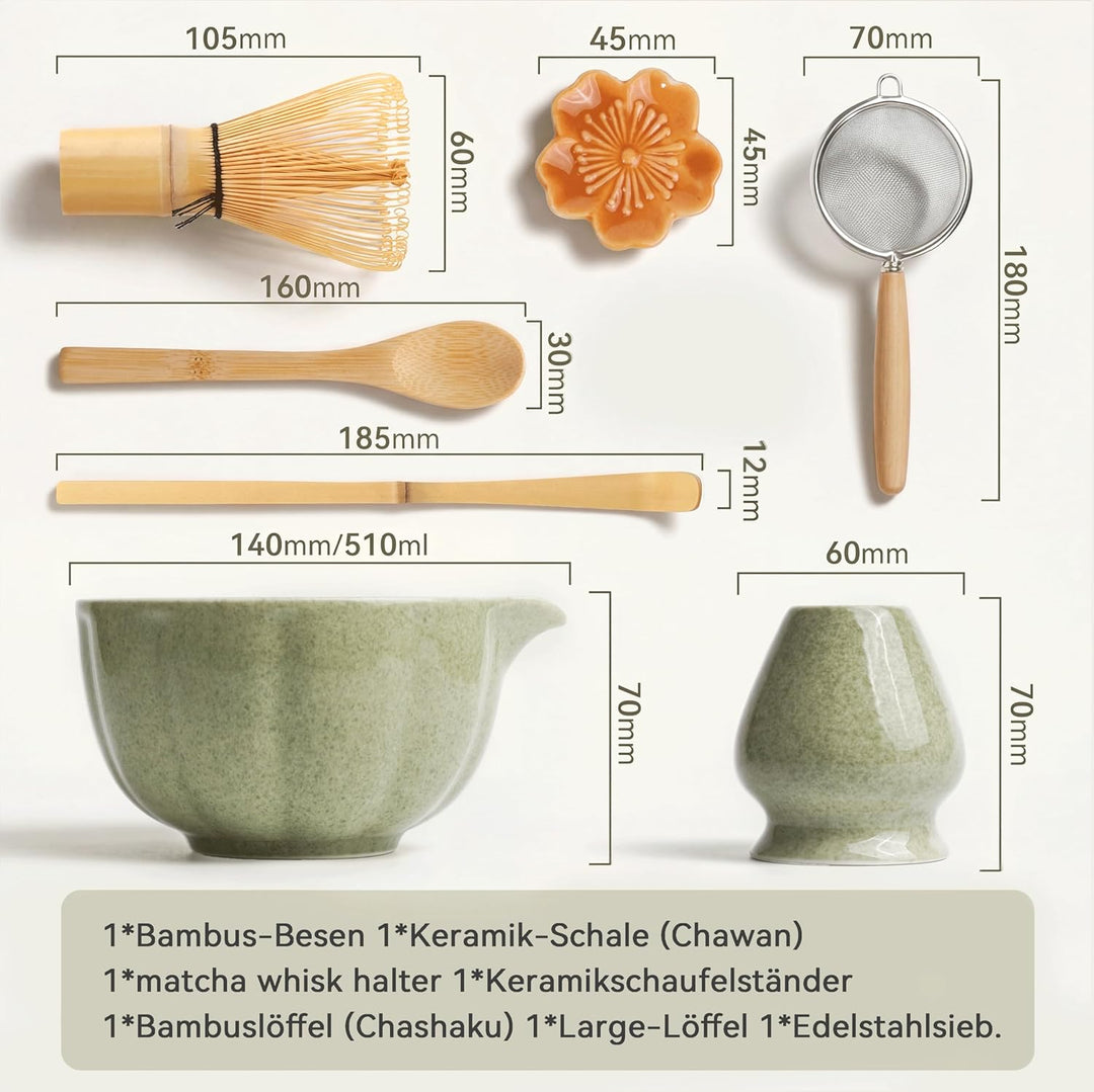 HEI MING Premium Matcha Set 7-teilig – Exklusives Teezeremonie-Set mit Bambus-Chasen (Besen), Grün K