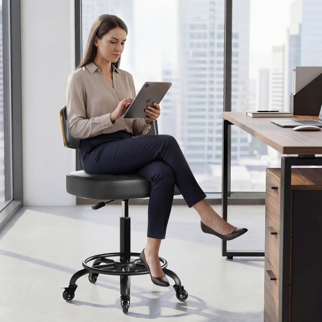 Rollhocker HöHenverstellbar, Bürohocker Ergonomisch,Arbeitshocker, Drehhocker 360°,Mit Rückenlehne P