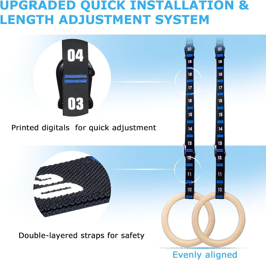 Zingtto Wooden Gymnastics Rings with Adjustable Numbered Straps Olympic Rings, 1.25'' or 1.1" Gym Ri