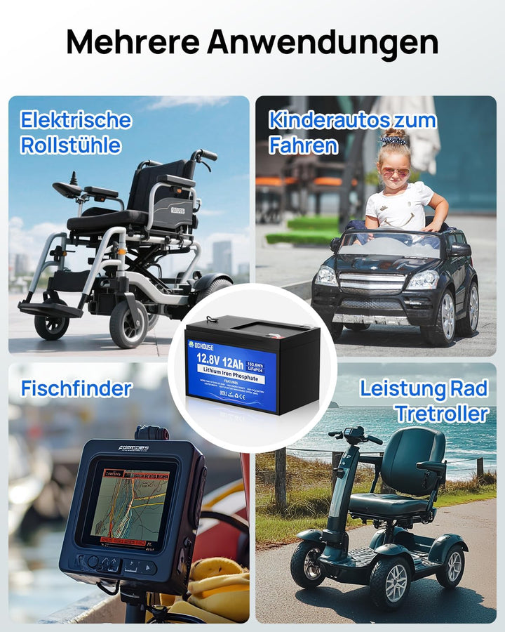 DCHOUSE 12V 12AH LiFePO4 Lithium Batterie mit 15A BMS, 10 Jahre Lebensdauer, 10000+ Zyklen, für Mari