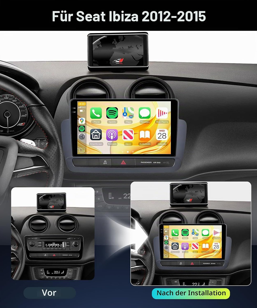 Rimoody 4G+64G Android Autoradio für Seat Ibiza 2012-2015 9 Zoll IN-Cell HD Wireless Carplay Autorad
