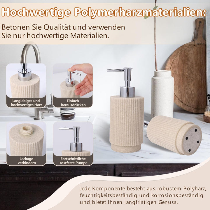 Badezimmer Set 6-teilig – Seifenspender + Zahnputzbecher mit Tablett & Wattestäbchenbox – Streifen-D