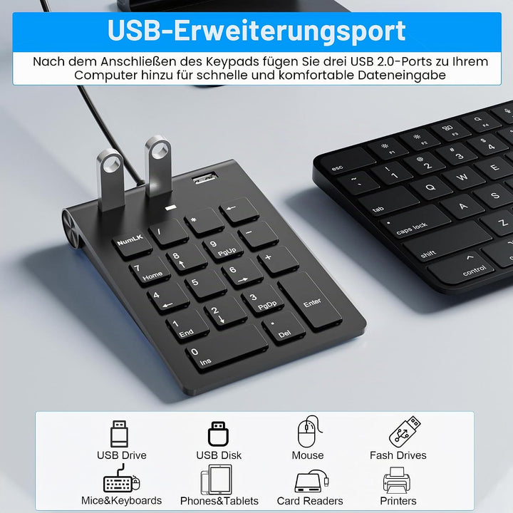 Numeric Keypad Wired Numpad, USB A/USB C Ziffernblock Ergonomischer Mini Nummernblock mit 3 USB 2.0
