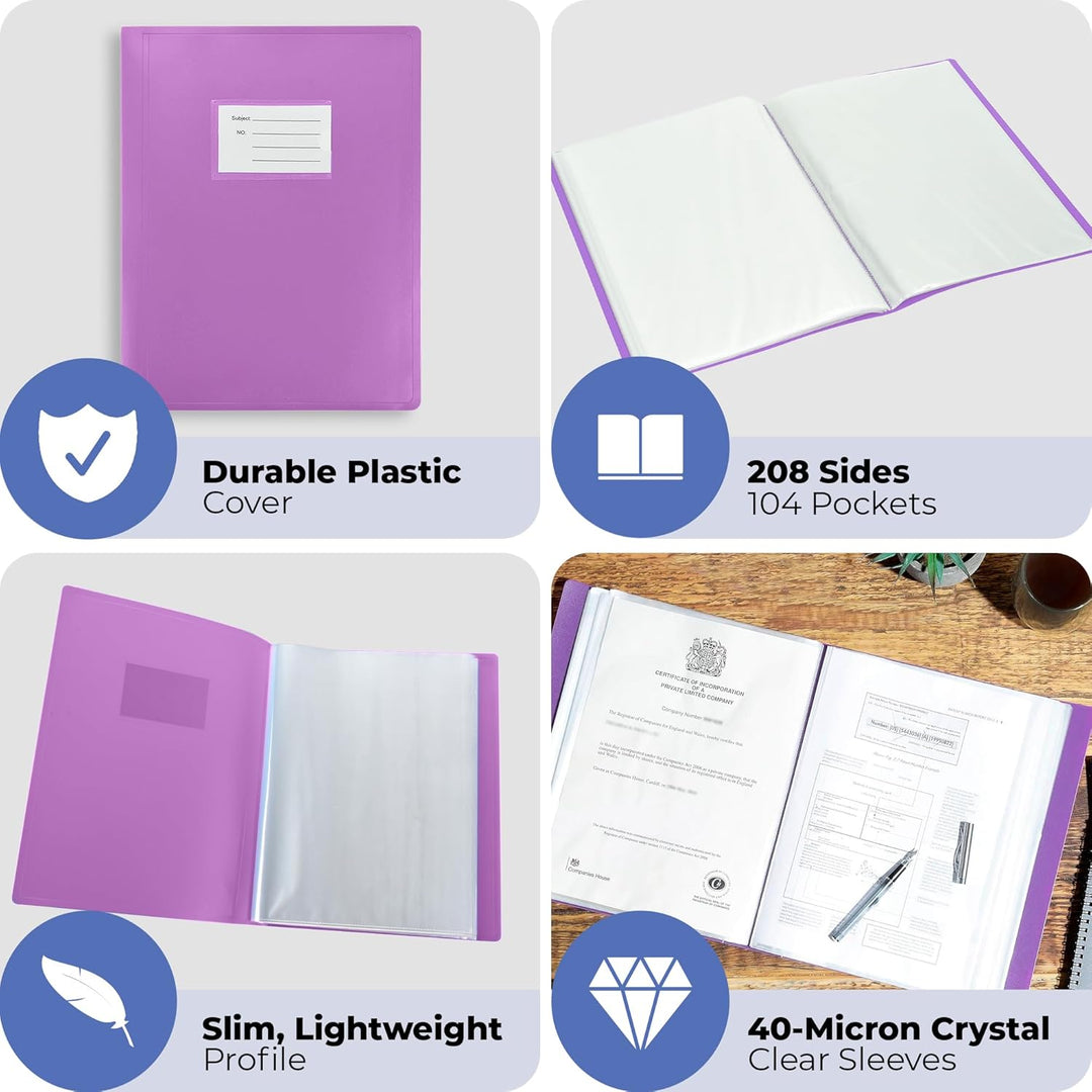 Arpan A4 Sichtbuch Ordner flexiblen Abdeckung Portfolio - 104 Taschen 208 / Seiten - Purple violett,