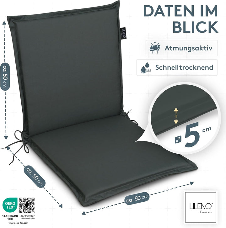 LILENO HOME Gartenstuhl Auflagen [2er Set - Niedriglehner] in Anthrazit - Bequeme Liegen als Sitzauf