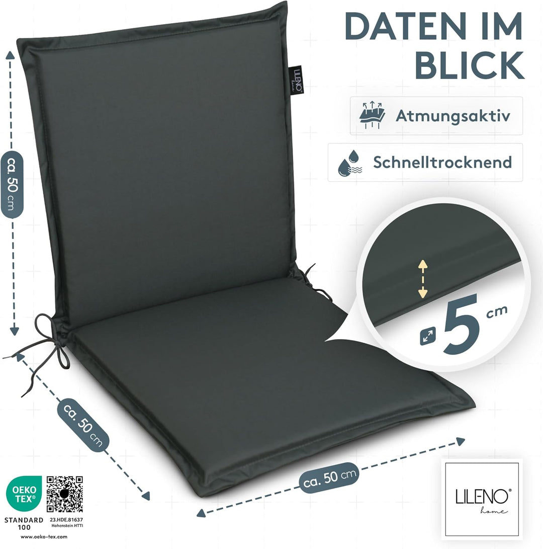 LILENO HOME Gartenstuhl Auflagen [4er Set - Niedriglehner] in Anthrazit - Bequeme Liegen als Sitzauf