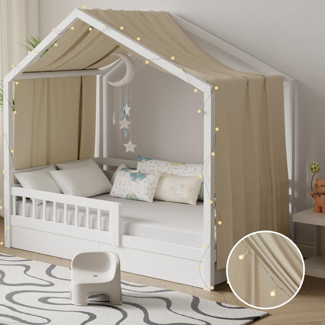 Hausbett Himmel mit Lichterkette 1 Stück Deko Baldachin Hausbett Vorhang,Betthimmel Musselin Stoffhi