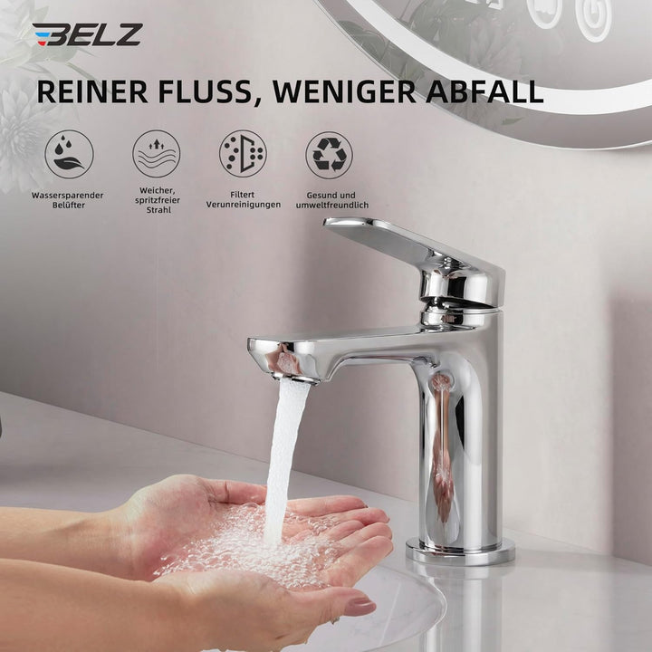 BELZ Wasserhahn Bad Einhebel Mischbatterie aus Messing, Wasserhahn fürs Badezimmer, Wassersparend &