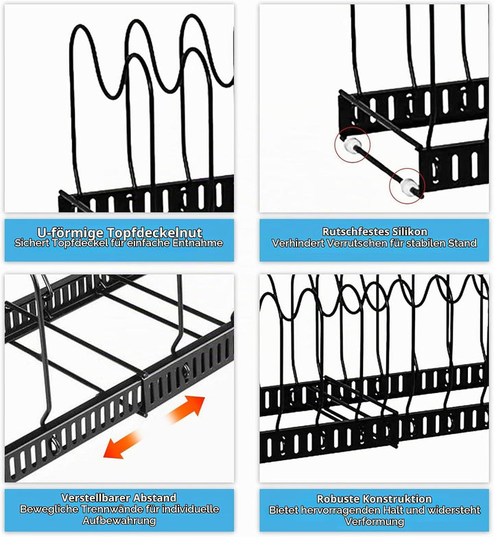 Verstellbarer Topf - Pfannenorganizer 2 teilig mit 20 Fächern, Ausziehbarer Topfdeckelhalter für Küc