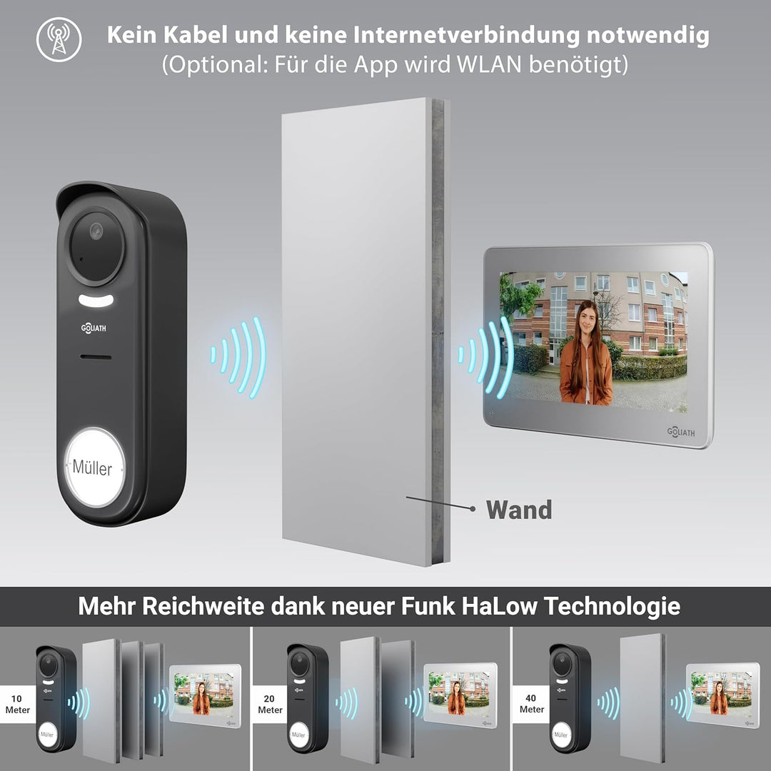 GOLIATH® Funkklingel mit Kamera & Gegensprechanlage [MIT SMARTPHONE-APP] - Türklingel mit Full HD Ka