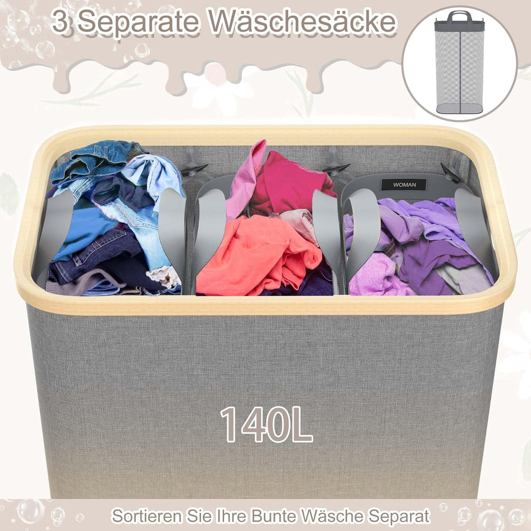 Aufun Wäschekorb140L mit Deckel zur einfachen Trennung, Faltbar Wäschesammler 3 Fächer Wäschesortier
