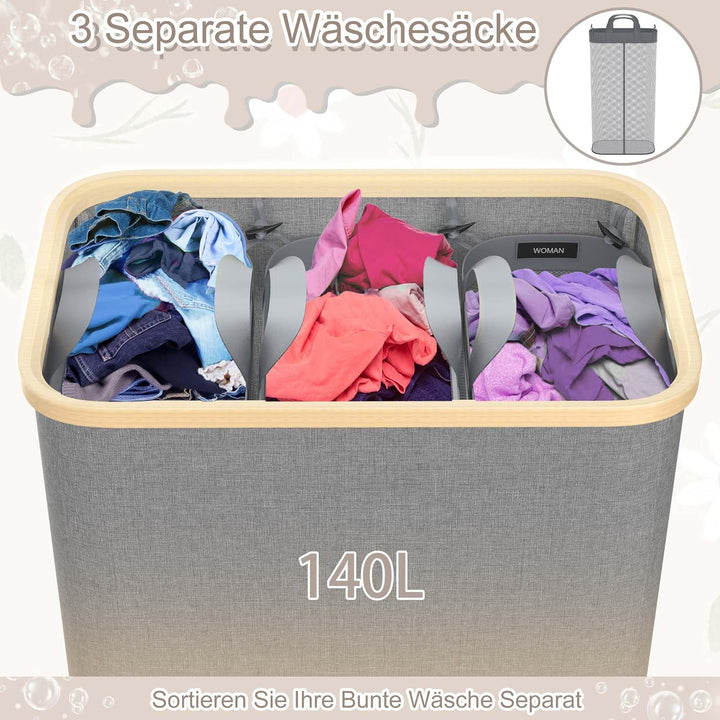 Aufun Wäschekorb140L mit Deckel zur einfachen Trennung, Faltbar Wäschesammler 3 Fächer Wäschesortier