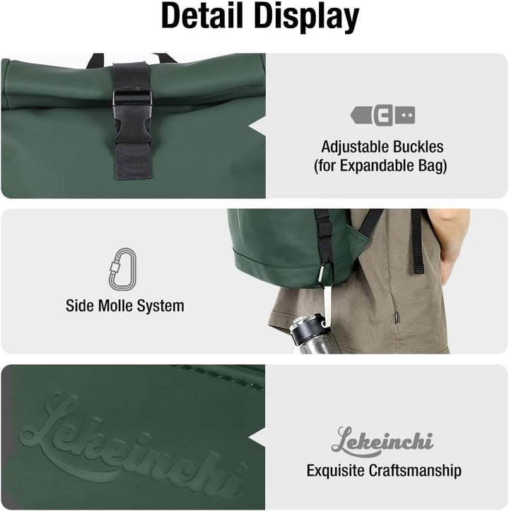 Lekeinchi Rolltop Rucksack Wasserdicht für Damen &amp; Herren, Grosser Laptop Rucksack mit Computerfach