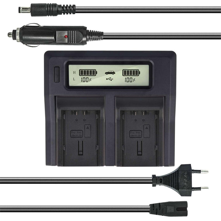 Dual Akku-Ladegerät kompatibel mit Panasonic VW-VBN130, VW-VBN260 - mit USB-Anschluss, LCD-Display u