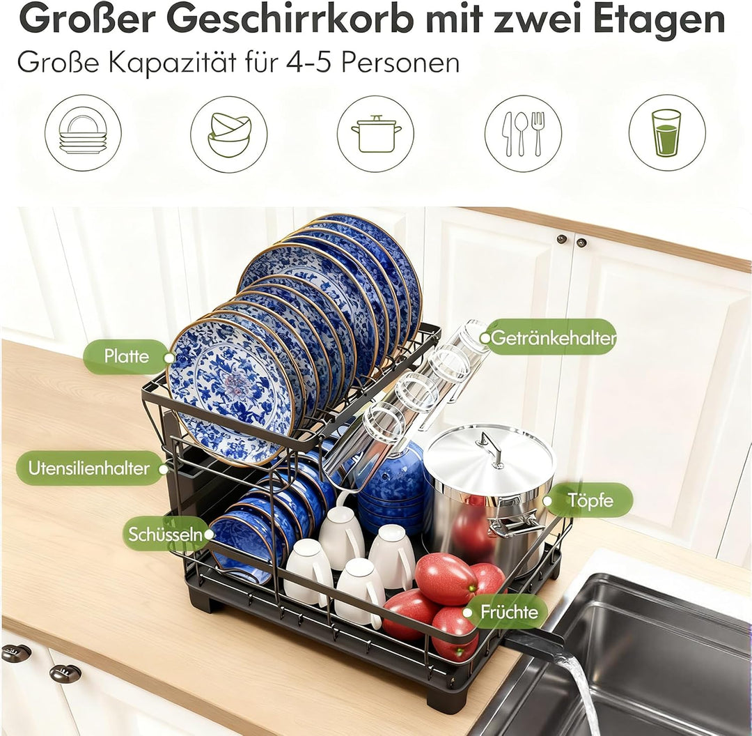 Theo&amp;Cleo Abtropfgestell Geschirr, Geschirrabtropfgestell 2-Stufig, Geschirr Abtropfständer mit 360°