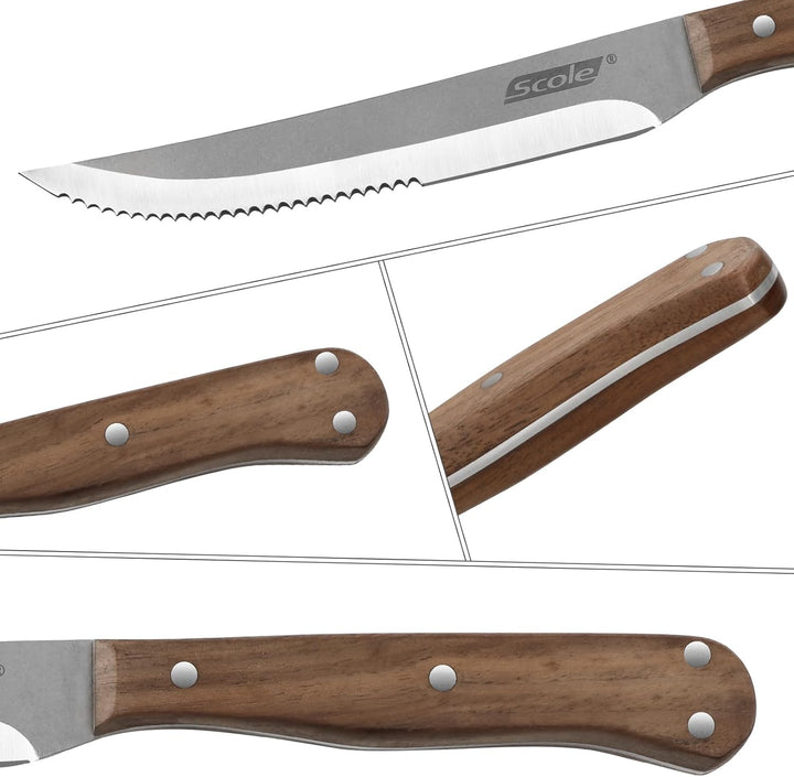 SCOLE® Steakmesser Set 6-teilig, Küchen Steakbesteck Messer set aus Carbon Edelstahl mit Wellenschli
