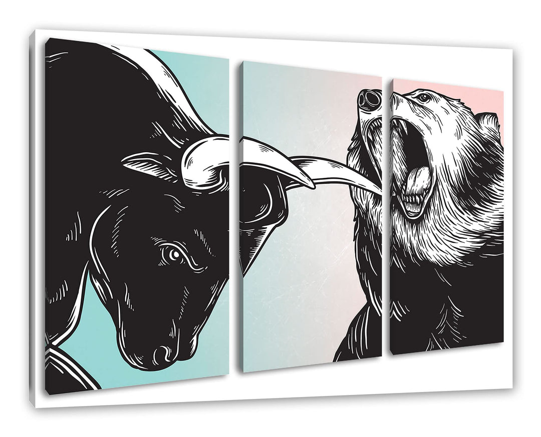 Pixxprint Bulle und Bär Aktienmarktals Leinwandbild 3 teilig | Grösse: 120x80 cm | Wandbild | Kunstd