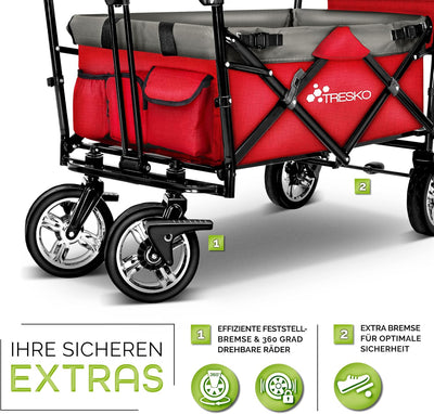 TRESKO Bollerwagen faltbar mit Dach | Handwagen mit 3-Punkt Gurtsystem | Gartenwagen klappbar | Tran