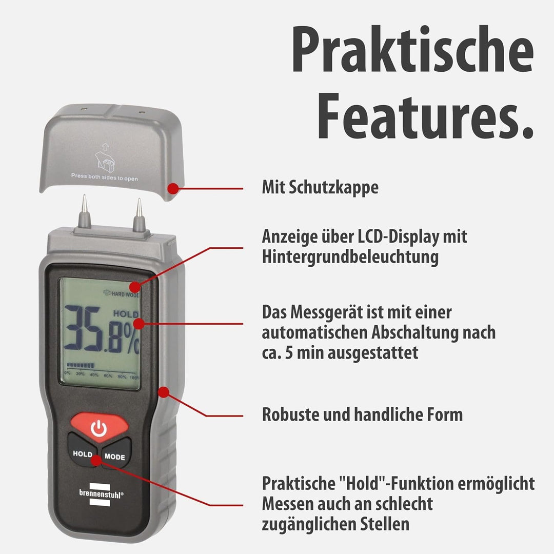 Brennenstuhl Feuchtigkeitsmessgerät FM-01 (Feuchtigkeitsmesser für Holz oder Baustoffe, Holzfeuchtem
